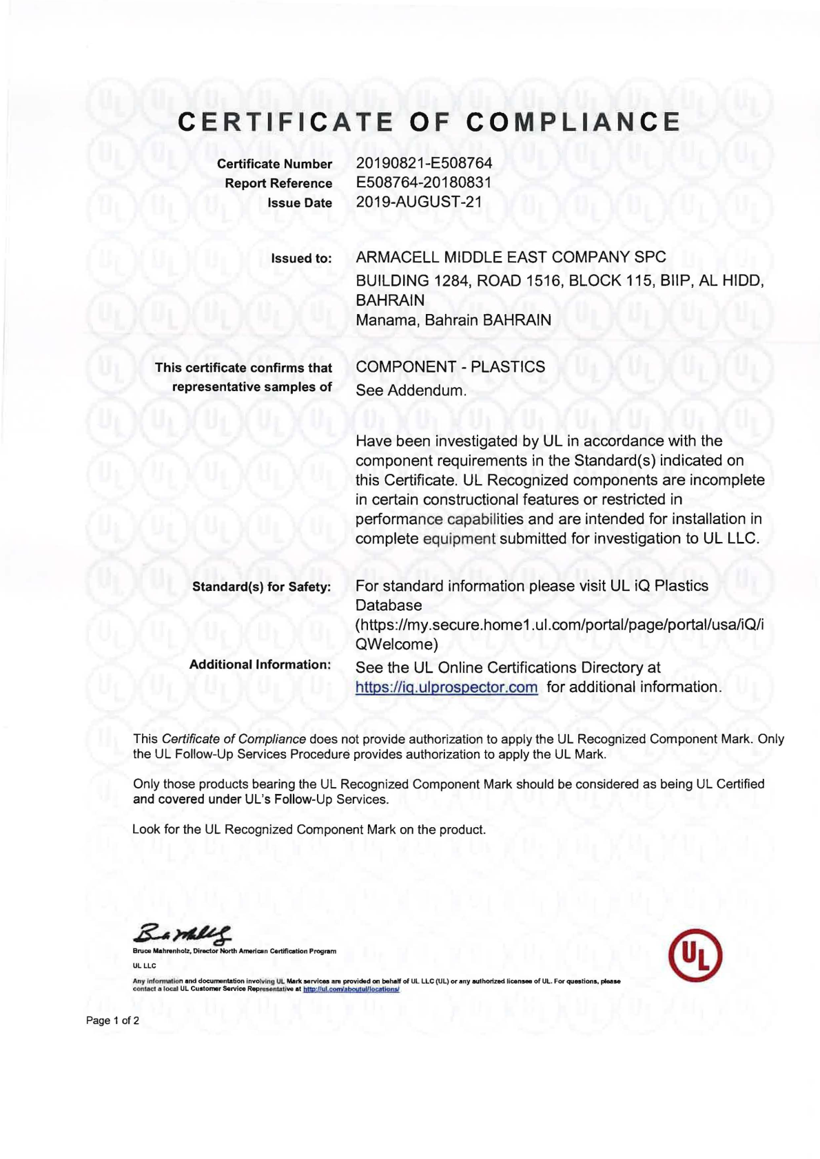 Armacell - UL Certificate of Compliance