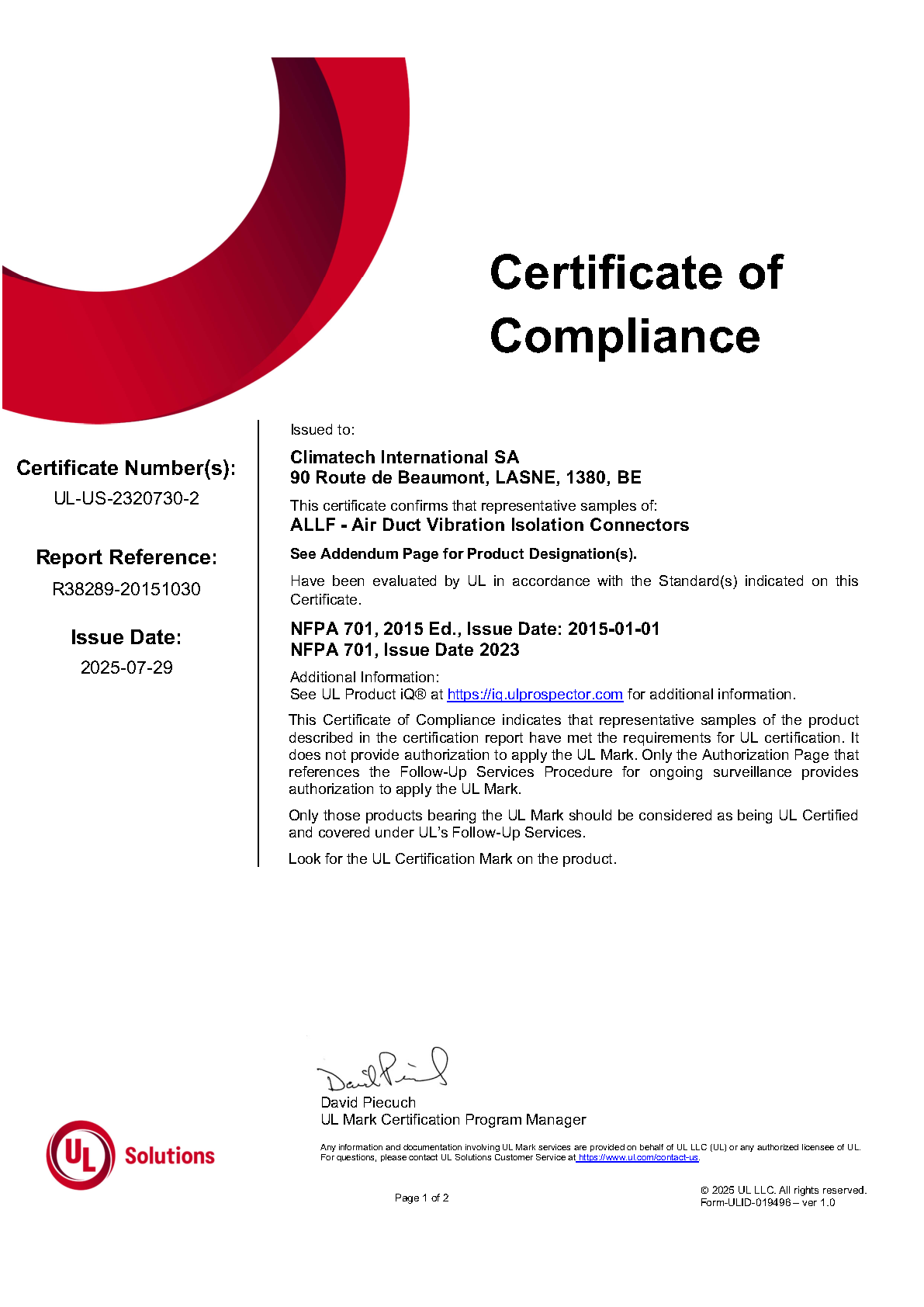 R38289-UL Certificate of Compliance - Clim