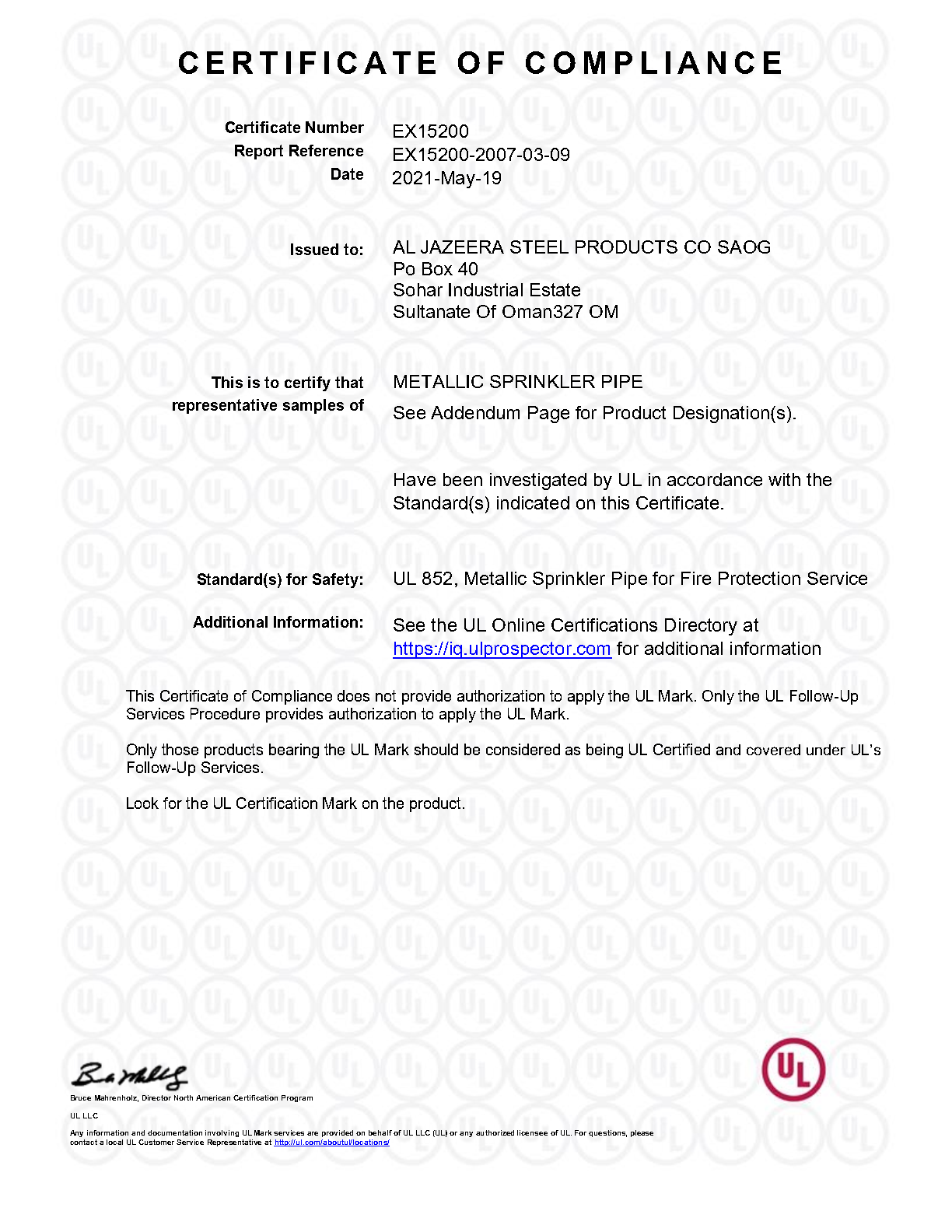 UL CERTIFICATE - AL JAZEERA PIPES