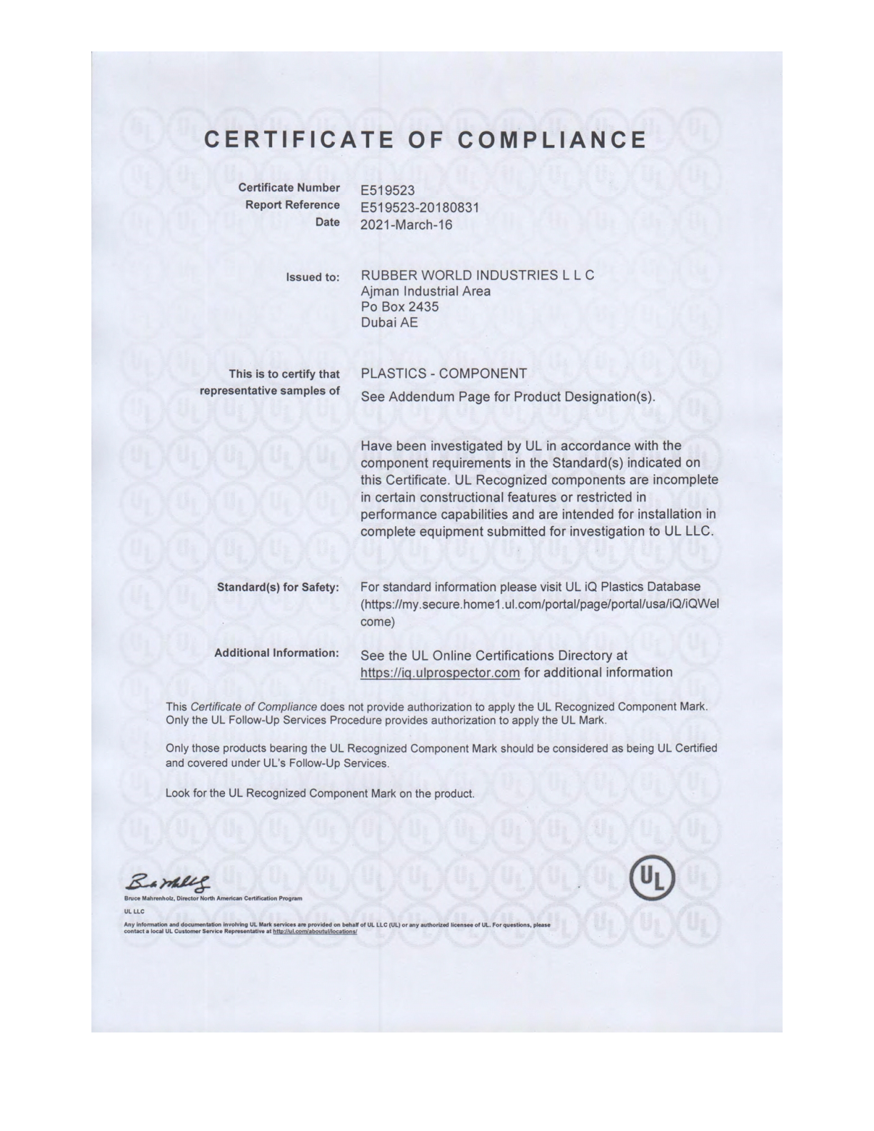 UL CERTIFICATE OF COMPLIANCE - GULF O FLEX