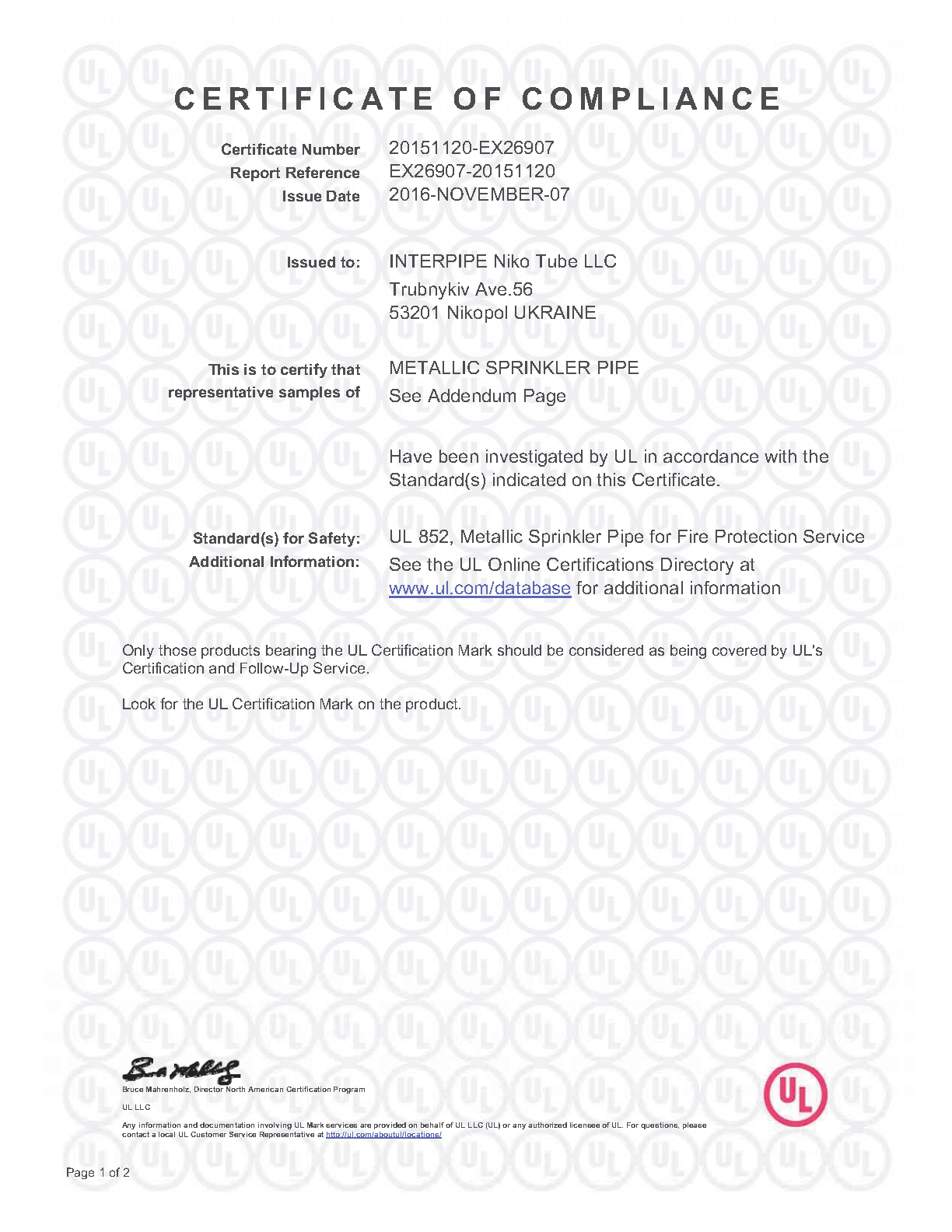 UL Certificate - Interpipe