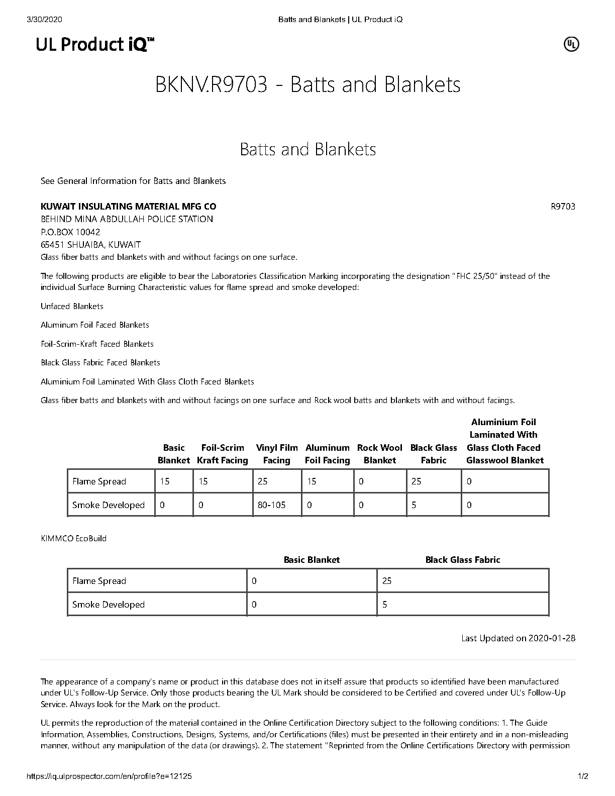 UL723 Certificat -Batts and Blankets - Kimmco